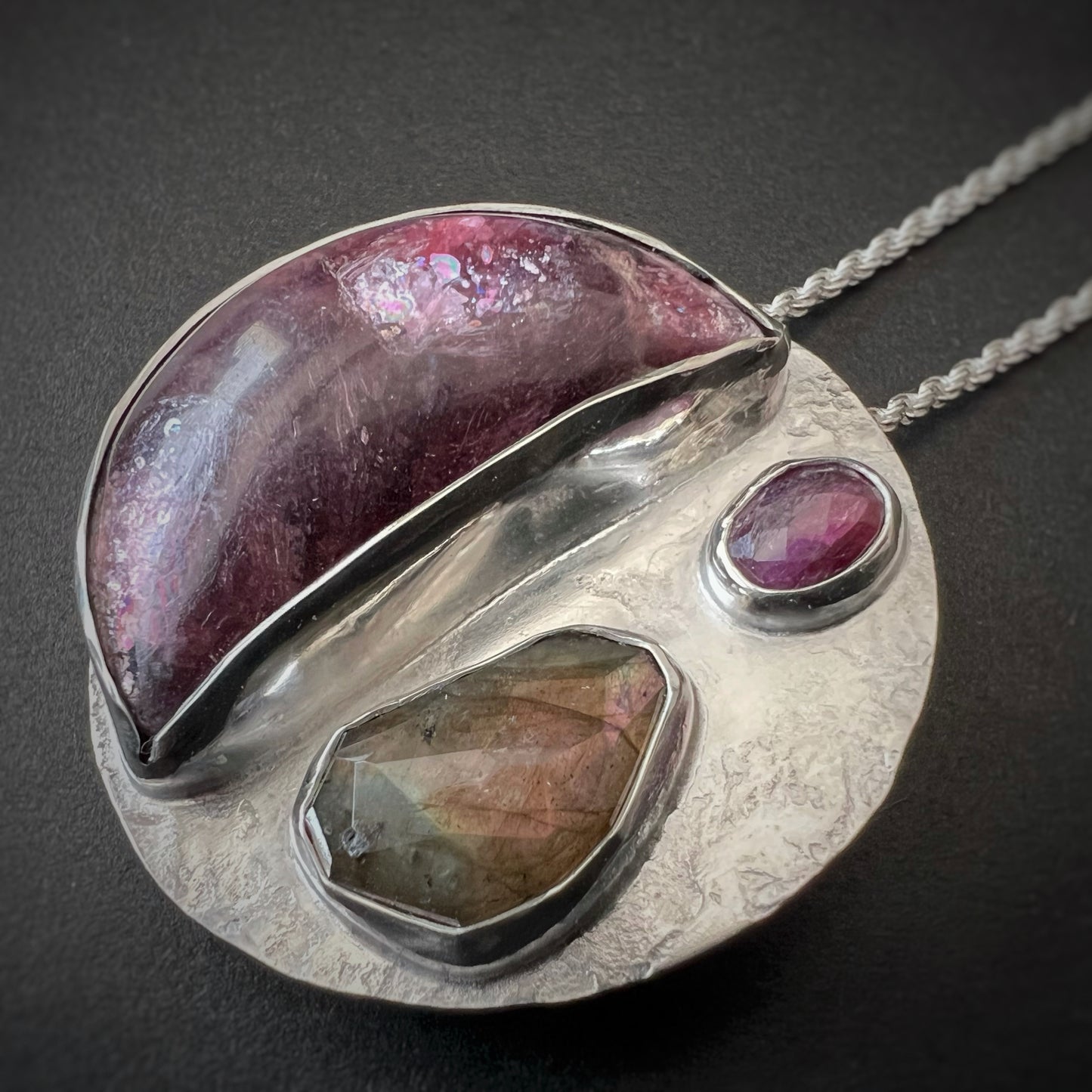 Lepidolite, Labradorite + Ruby Pendant/Brooch