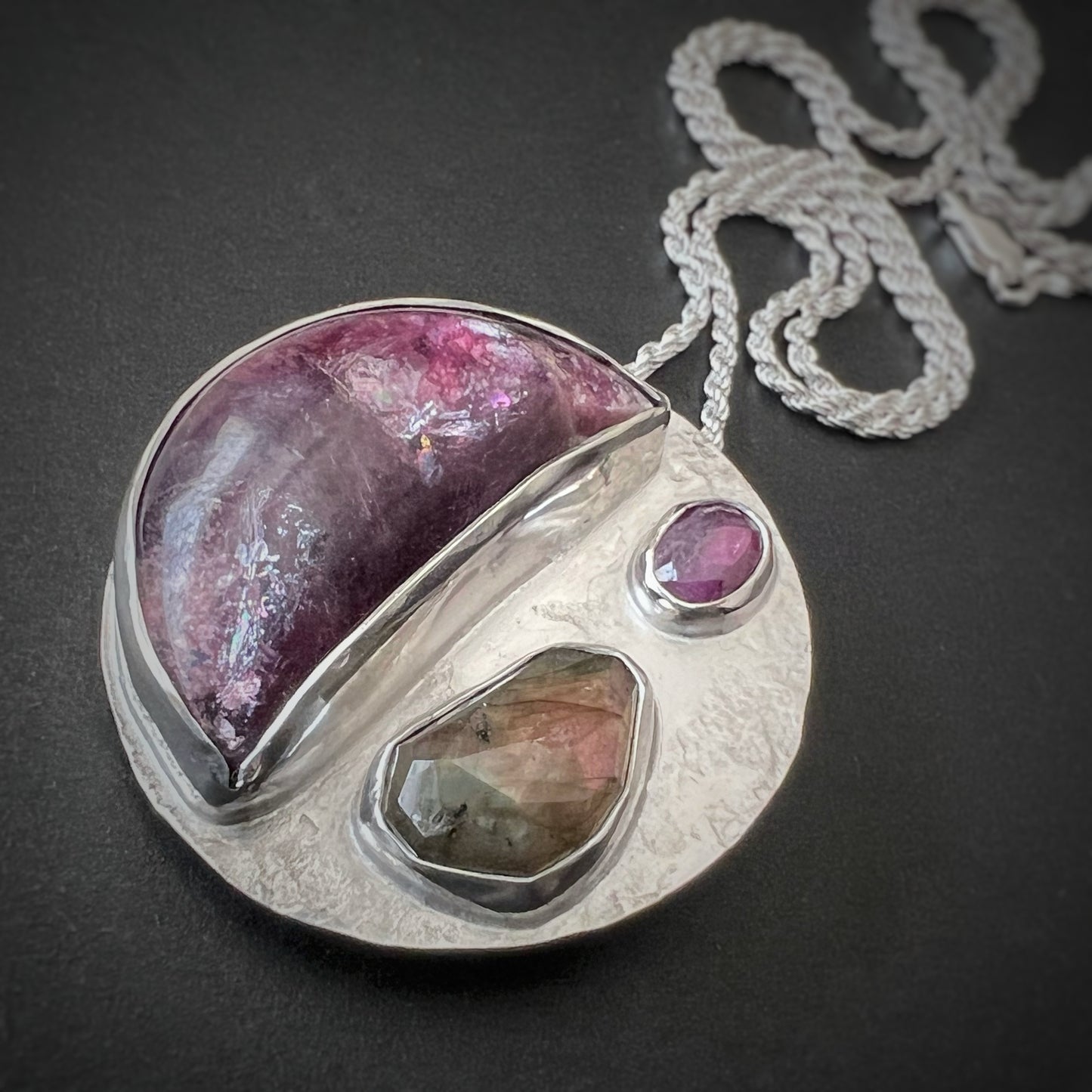 Lepidolite, Labradorite + Ruby Pendant/Brooch