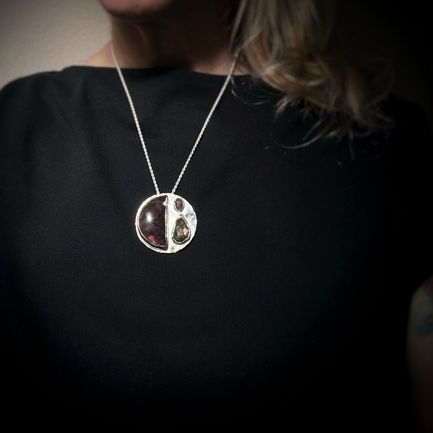 Lepidolite, Labradorite + Ruby Pendant/Brooch