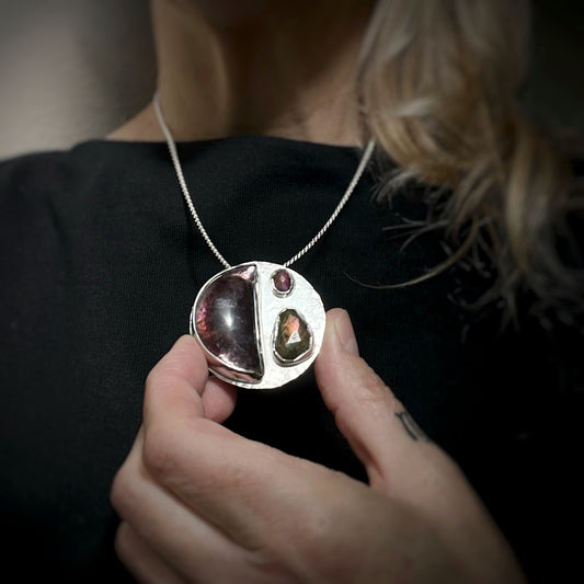 Lepidolite, Labradorite + Ruby Pendant/Brooch