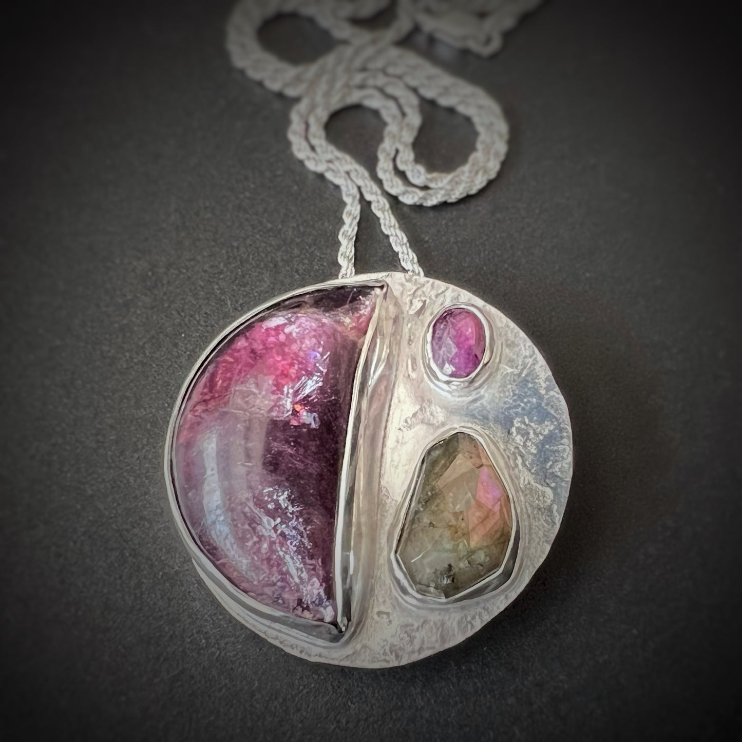 Lepidolite, Labradorite + Ruby Pendant/Brooch