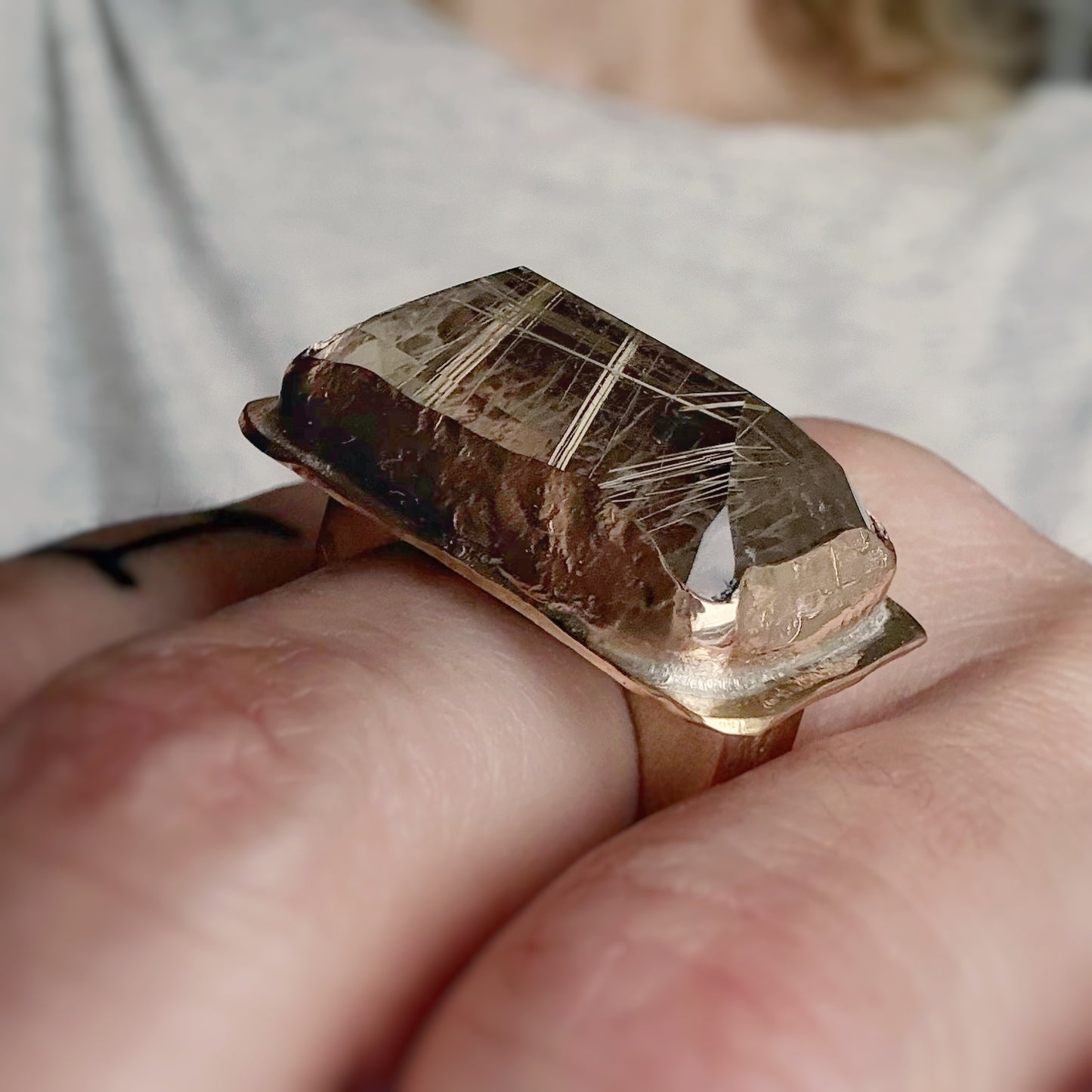 Rutilated Quartz Over Snakeskin Bronze Ring