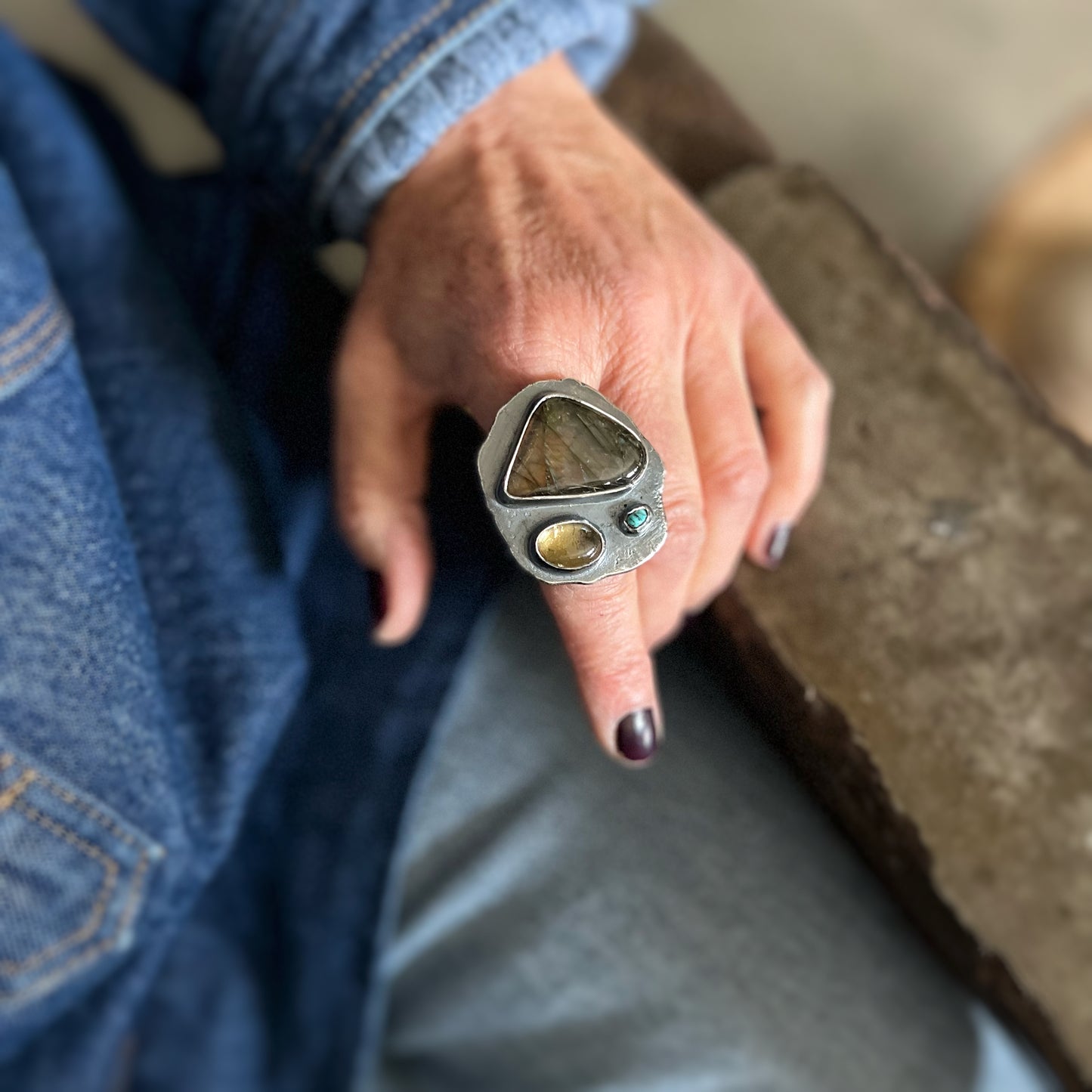 Labradorite, Citrine, and Turquoise “Triple Treat” Ring