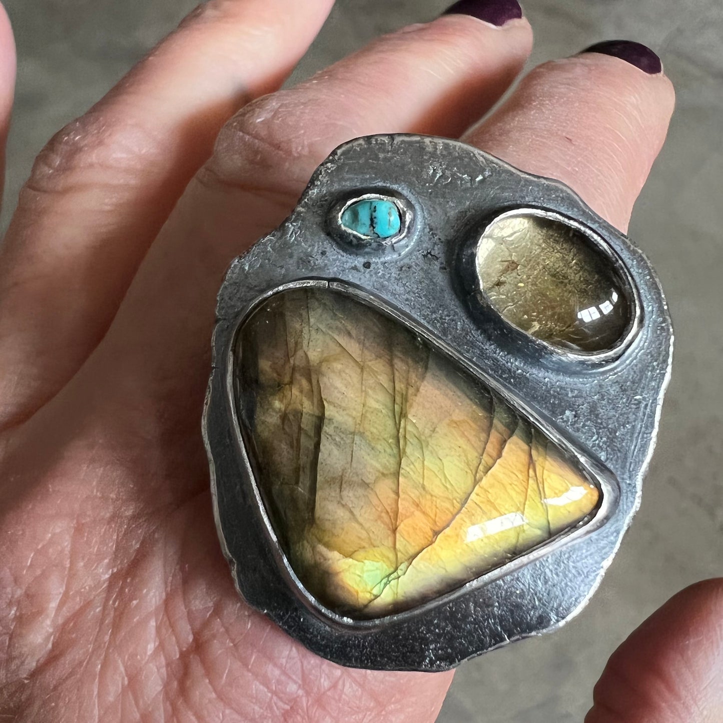 Labradorite, Citrine, and Turquoise “Triple Treat” Ring