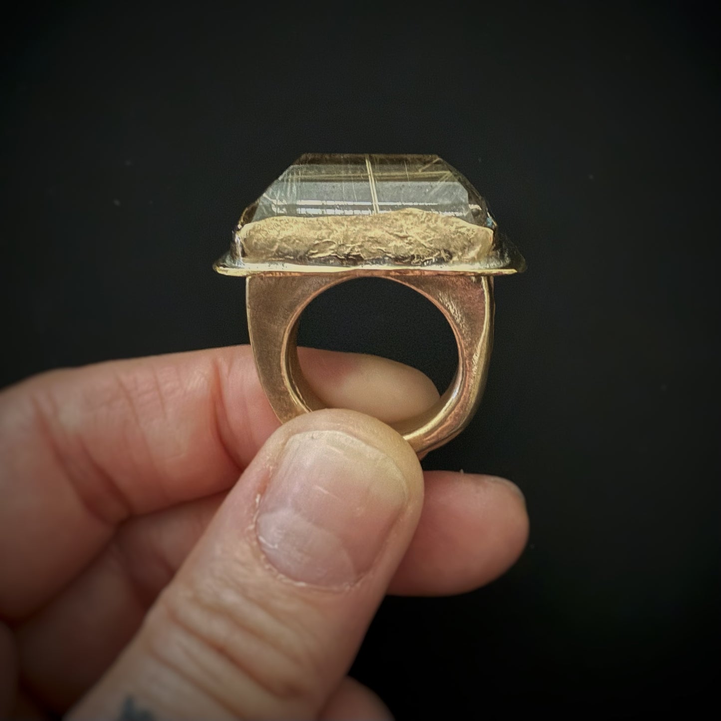 Rutilated Quartz Over Snakeskin Bronze Ring